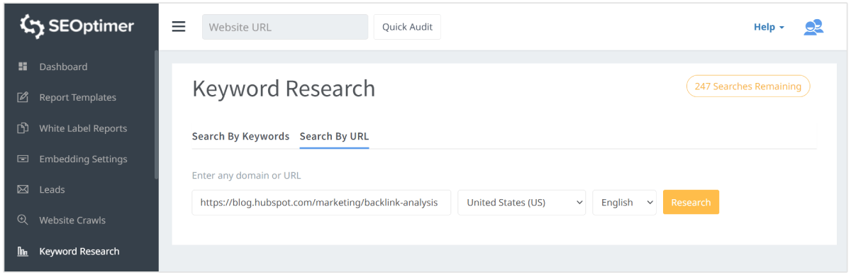 Search by URL in Keyword Research Tool